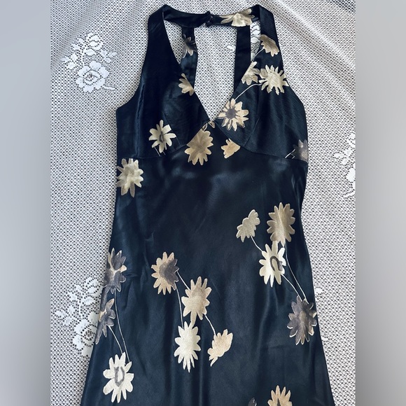 90s Black & Gold Floral Halter Maxi Dress | NC Love Vintage Boho Romantic - Picture 3 of 5